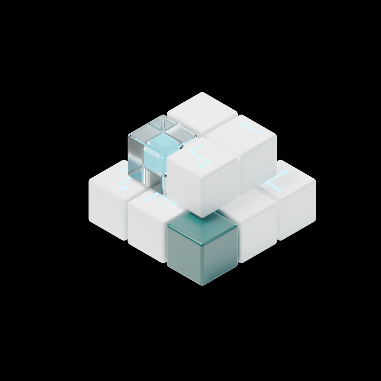 A stepped stack of porcelain and teal blocks with glowing circuit inlays, the final block floating above it, and three people walking around it while working on laptops