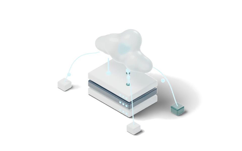 A frosted cloud held above a stack of server units, joined by glowing data pathways to surrounding edge nodes