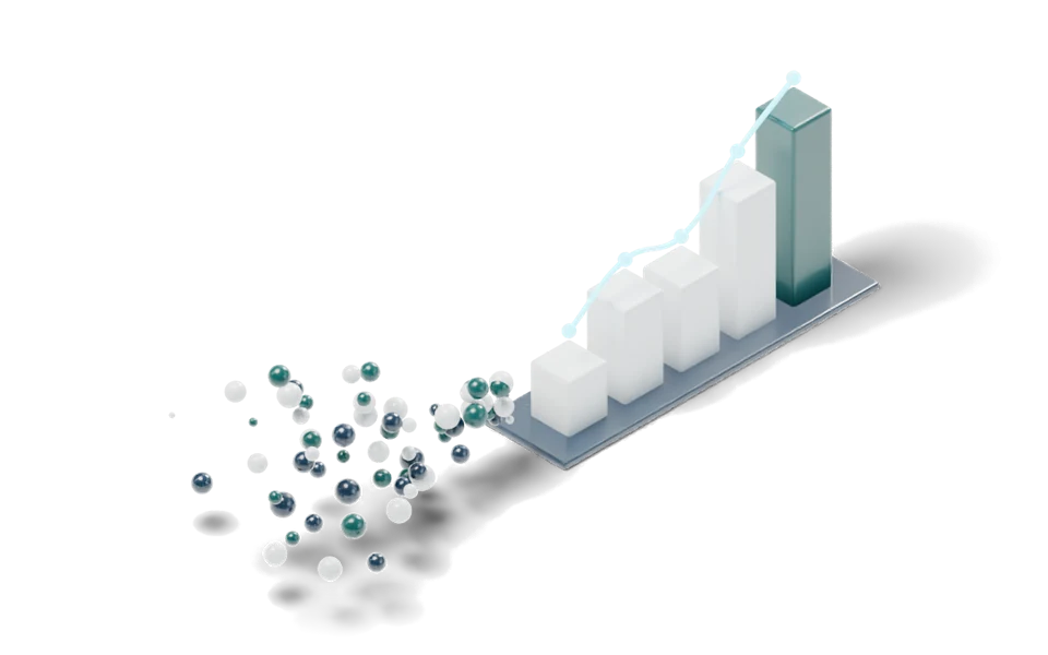 Scattered data points converging into an ordered bar chart with a rising trend line