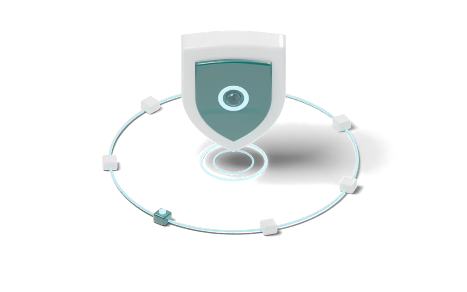 A layered shield hovering over an emitter, inside a monitored perimeter ring of sensor nodes